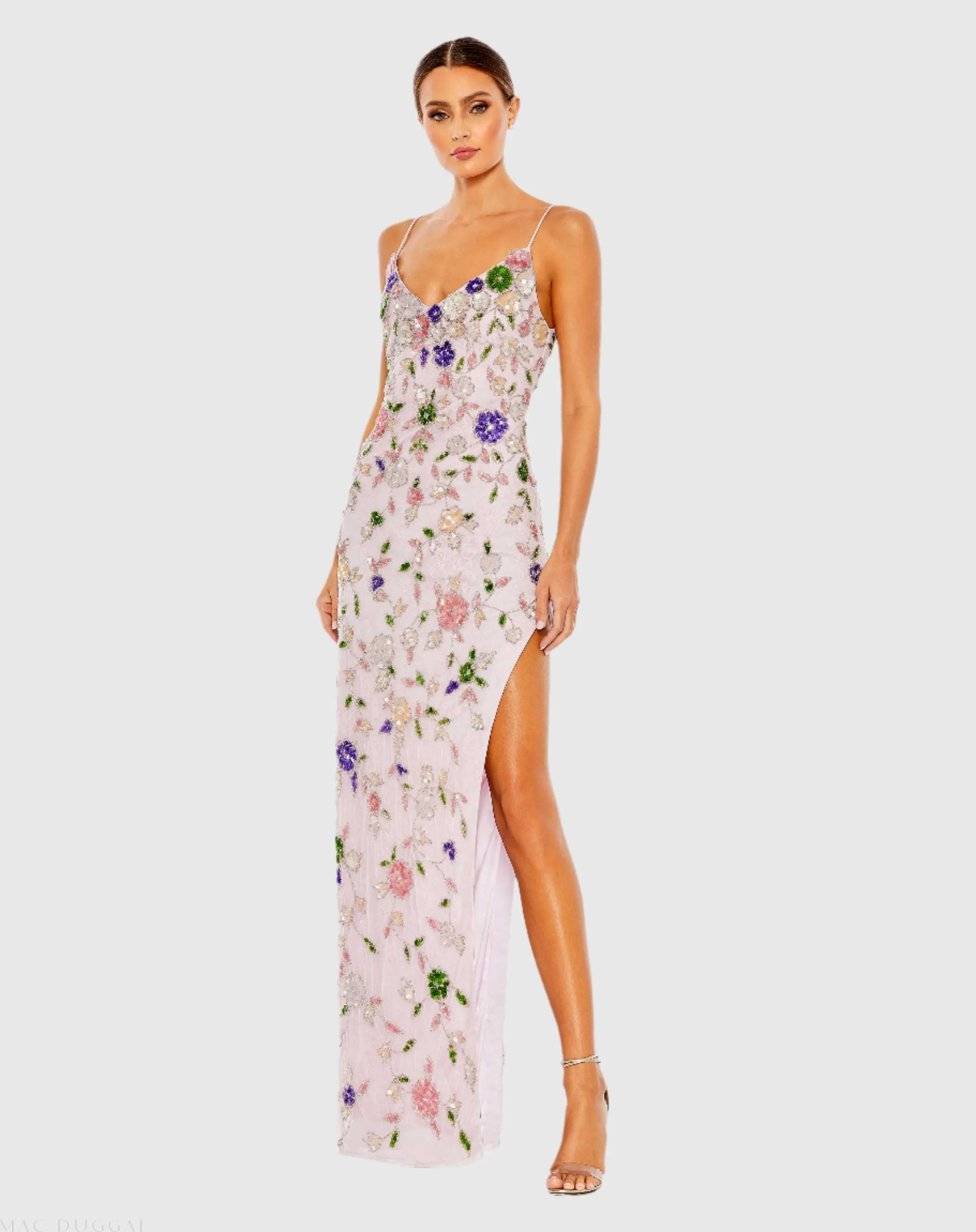 Purple Embellished Lace Sleeveless V Neck Gown