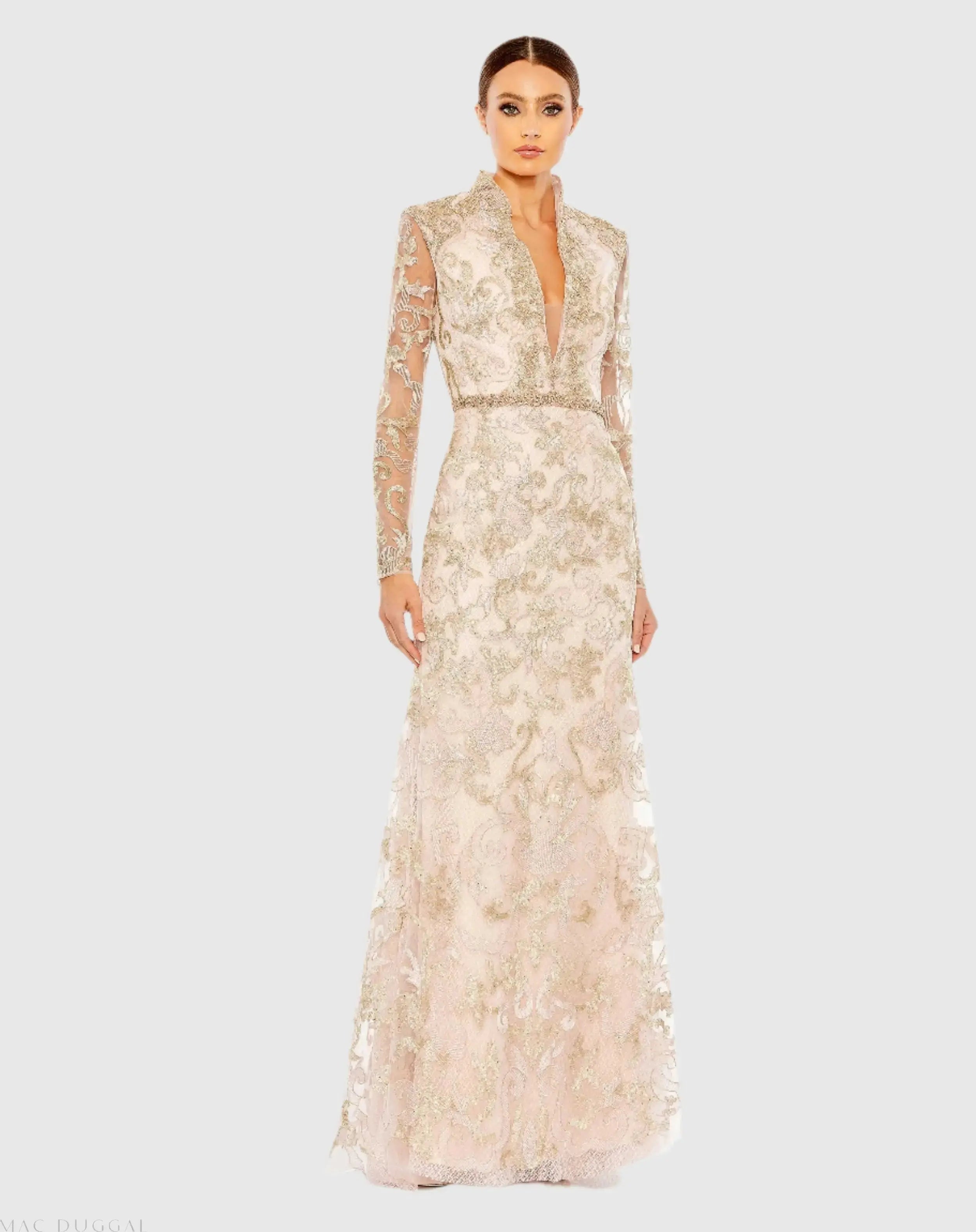 Pink Queen Anne Lace Long Sleeve V-Neck Trumpet  Gown