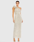 Beige Sequined Bow One Shoulder Column Gown