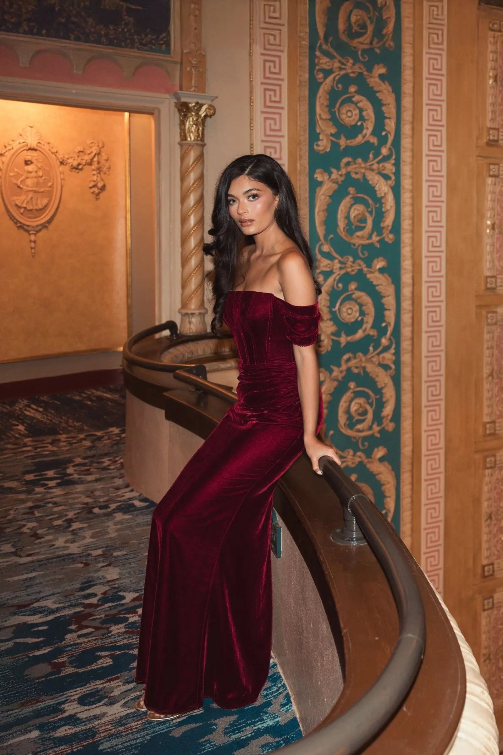 Red Off-the-Shoulder Velvet Bustier Gown