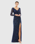 Navy Long Sleeve Ruched Sequined V-Neck Gown