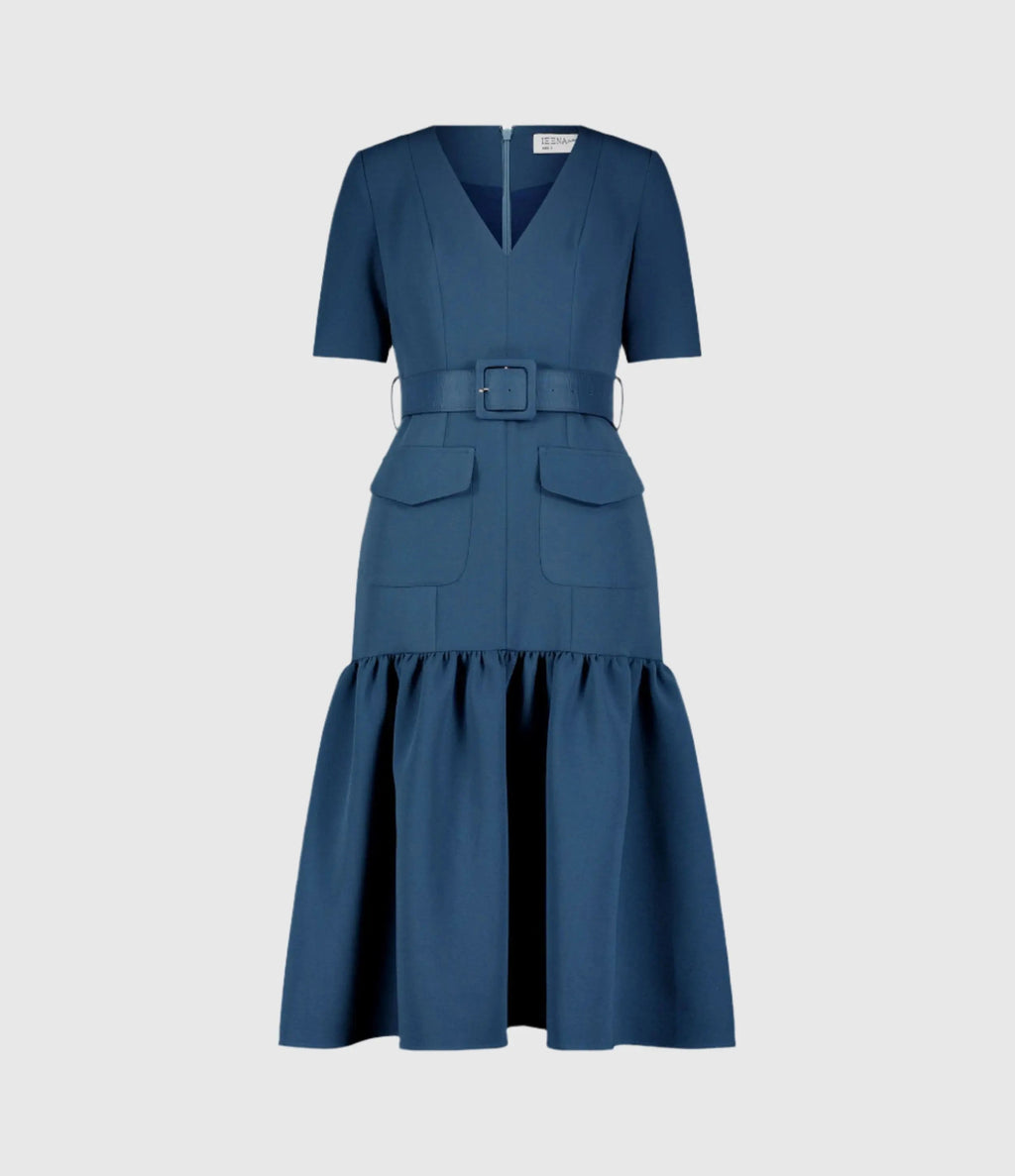 Blue Crepe 3/4 Sleeve Midi Dress With Belt And Pockets
