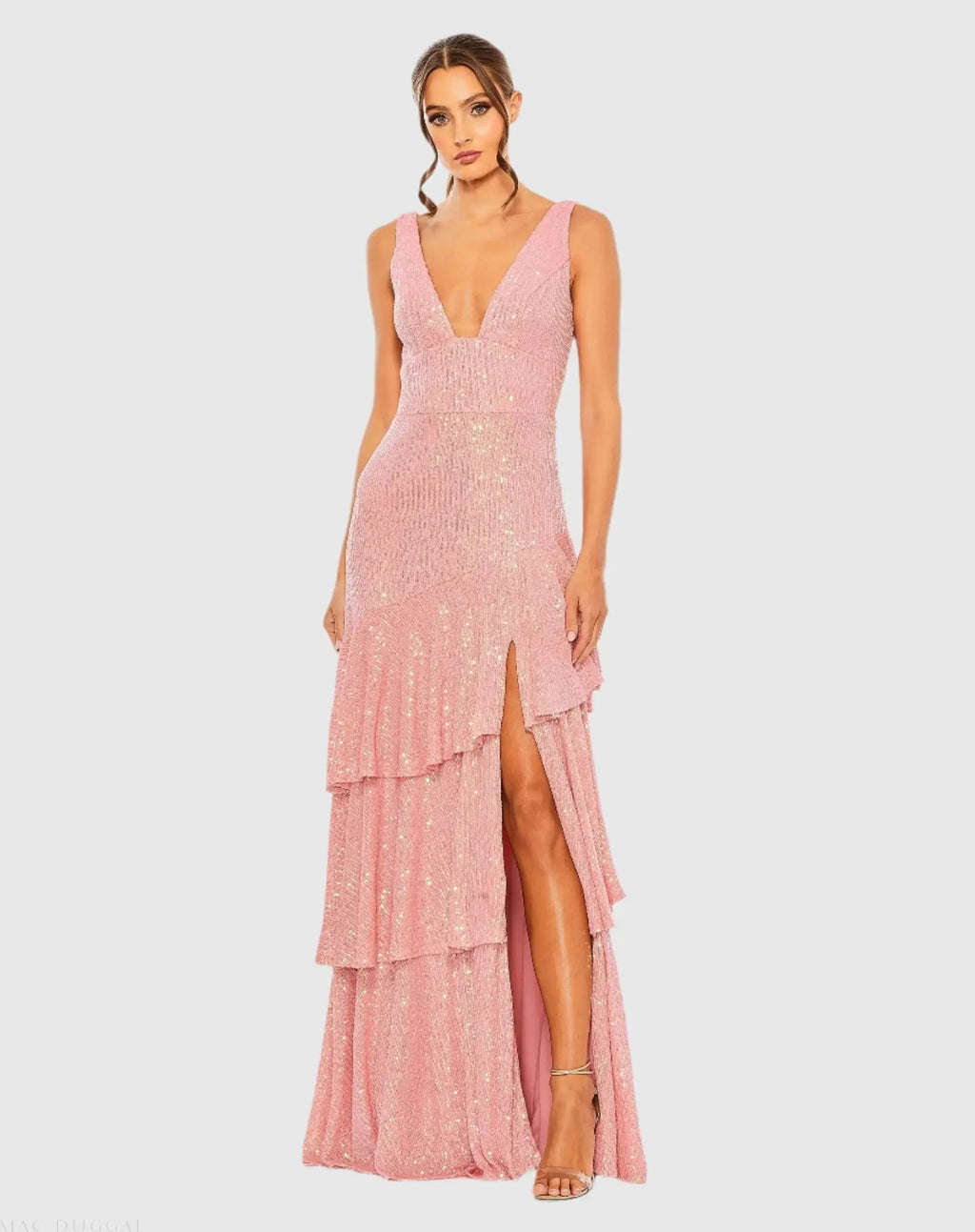 Pink Sequin Asymmetrical Ruffle Tiered Gown