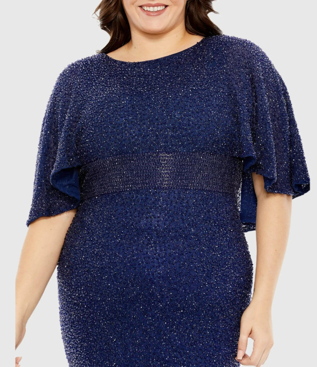 Navy Embellished Cape Sleeve Gown (Plus)