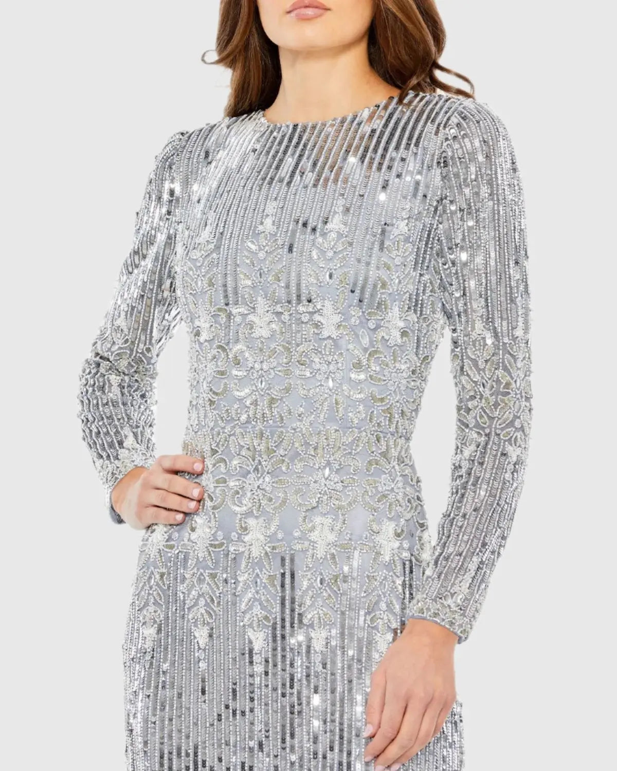 Blue Embellished Long Sleeve High Neck Sheath Dress