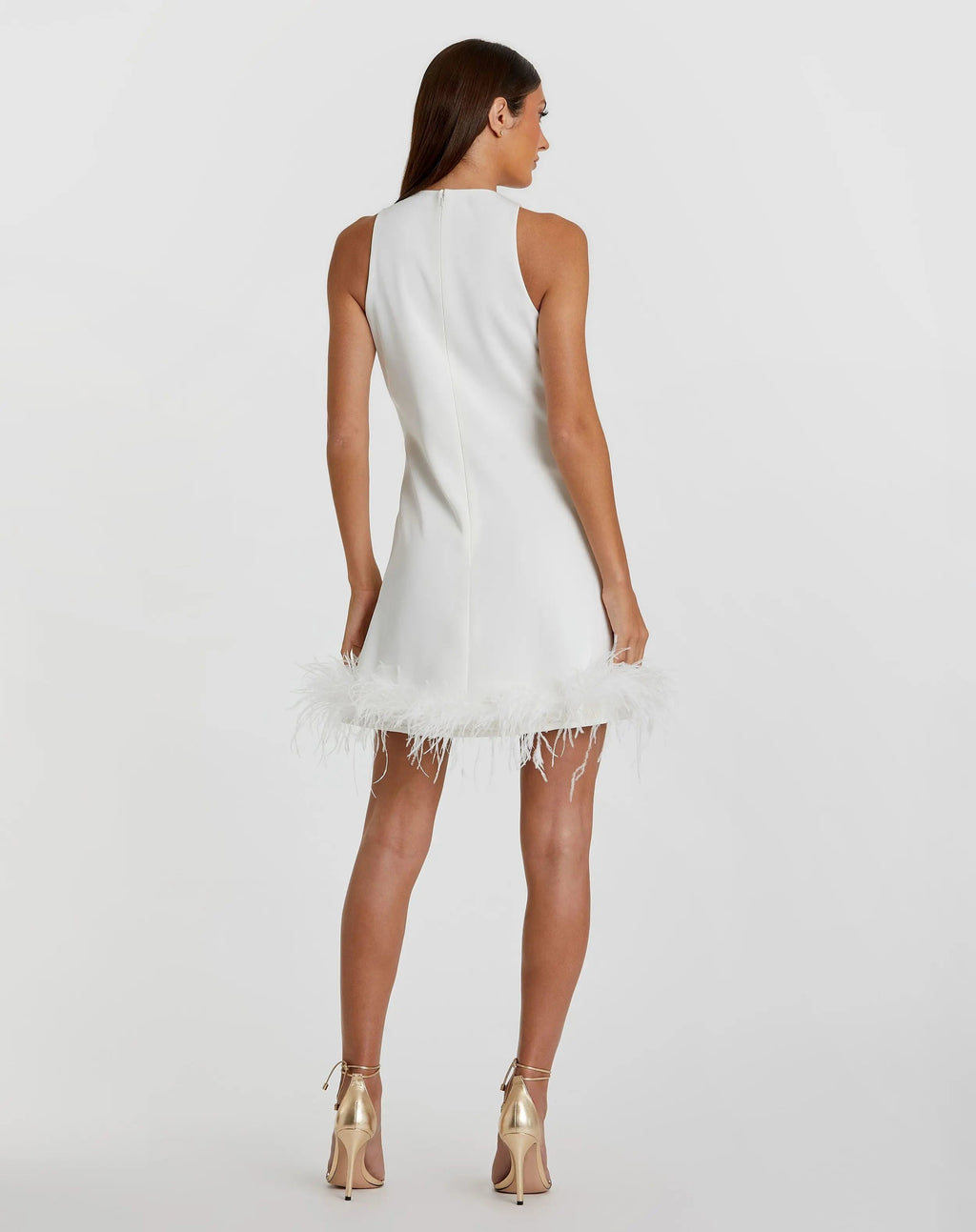 White Feathered Hem High Neck Sleeveless Trapeze Dress - Final Sale