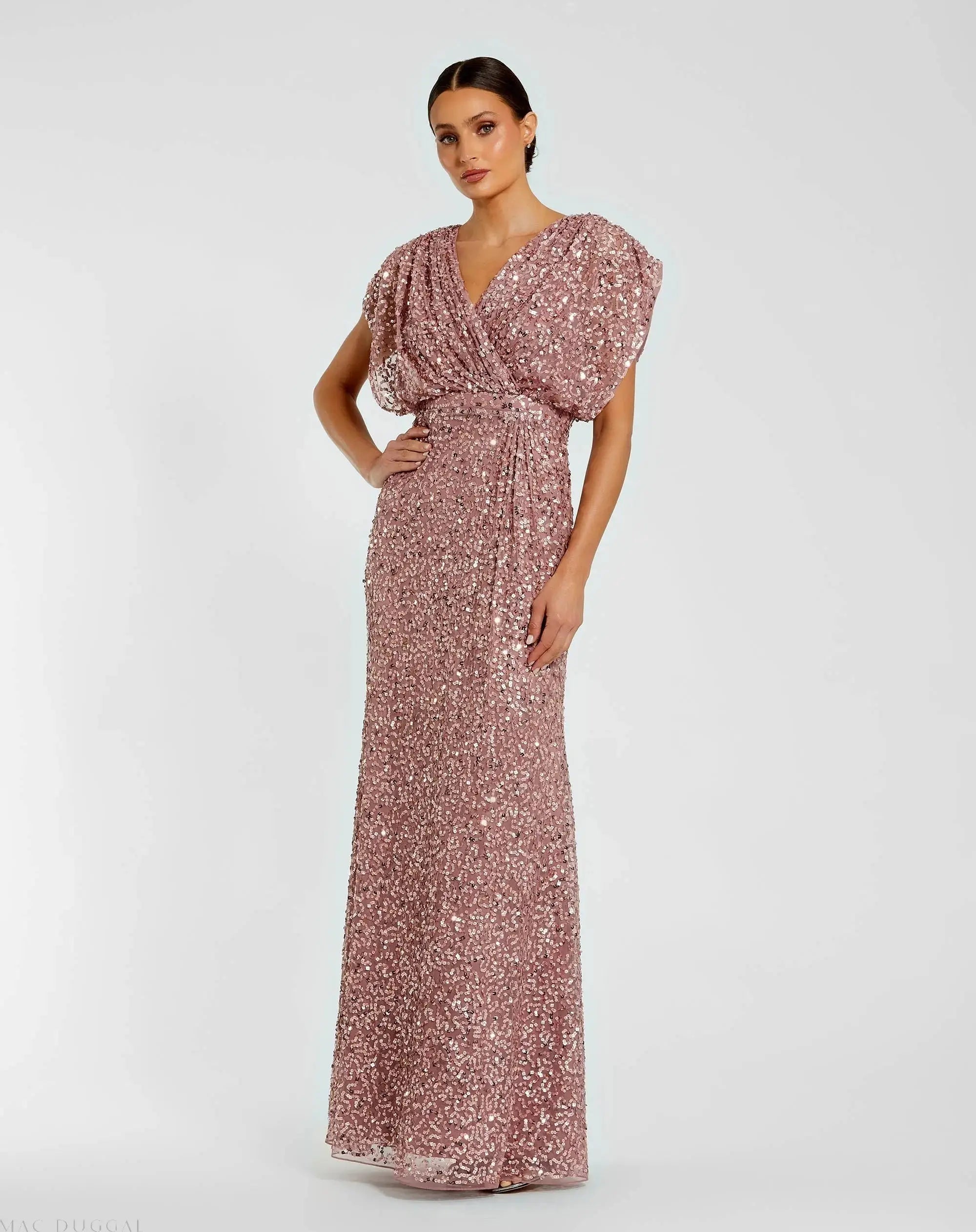 Purple Draped Sleeve V Neck Gown
