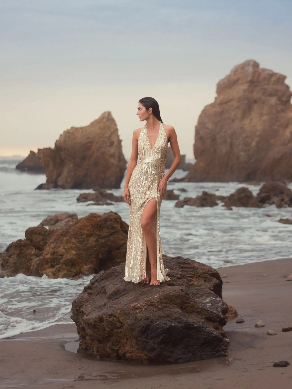 Gold Sequined Halter Strap Trumpet Gown