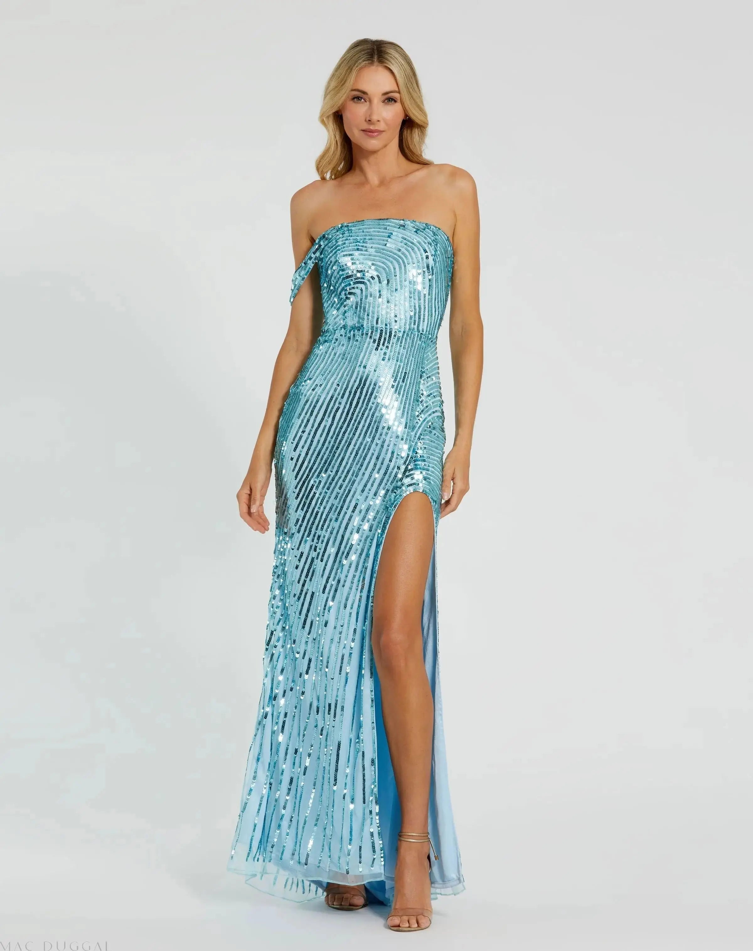 Blue One Shoulder Mesh Sequin Gown With Slit