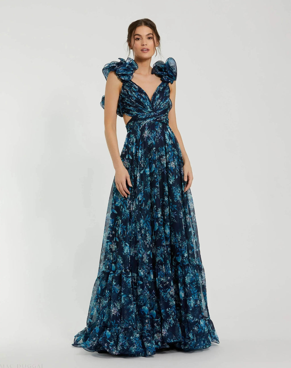 Navy Tiered Floral Cut-Out Chiffon Gown