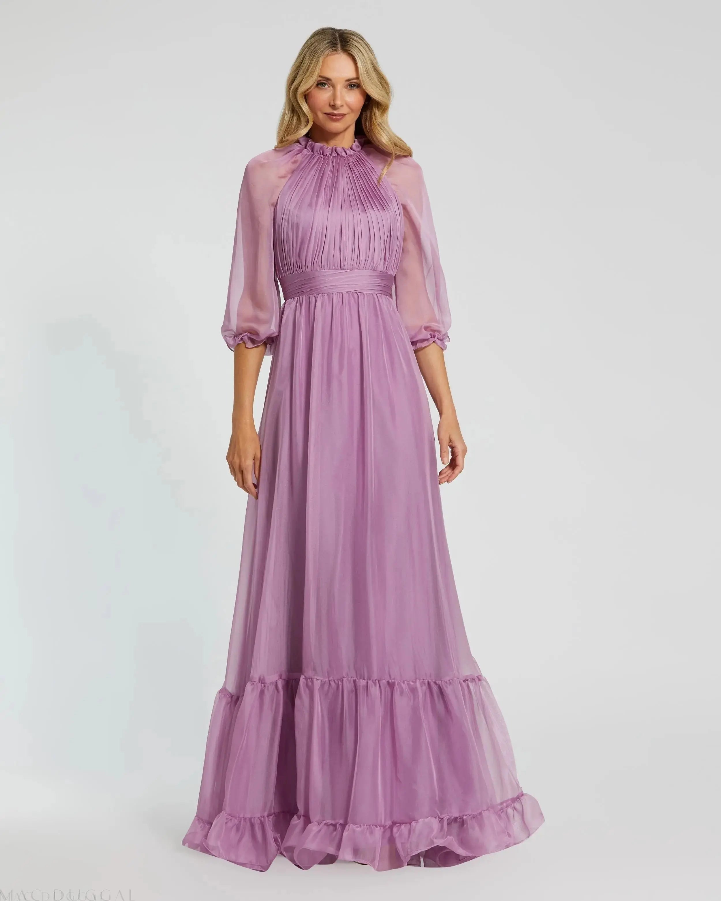 Light Purple Chiffon Ruched Illusion Raglan Sleeve Ruffled Gown