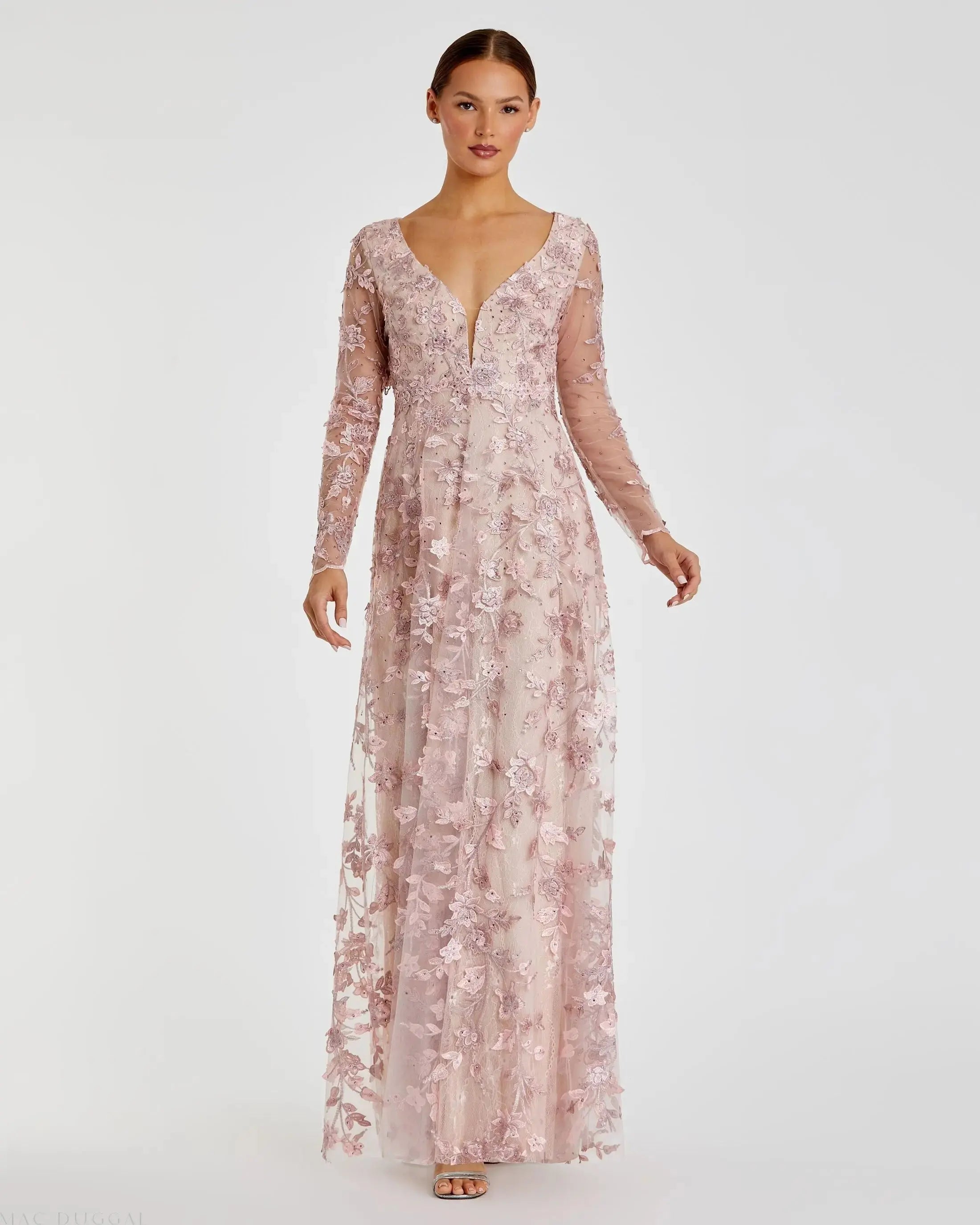 Floral Applique Long Sleeve Illusion Gown