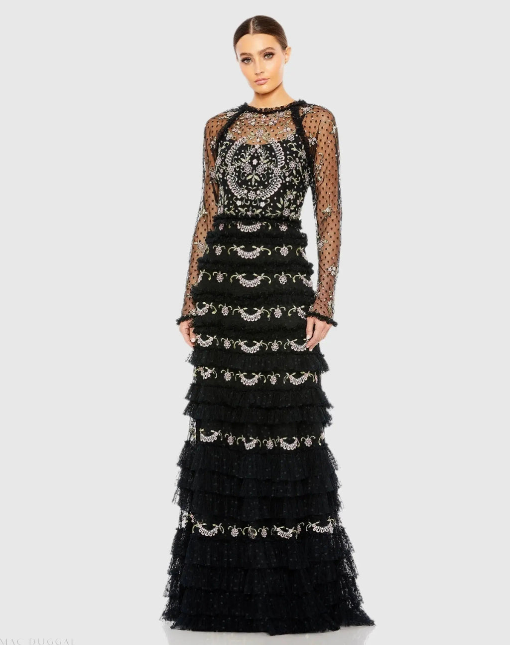 Mesh Polka Dot Long Sleeve Floral Ruffle Tired Gown