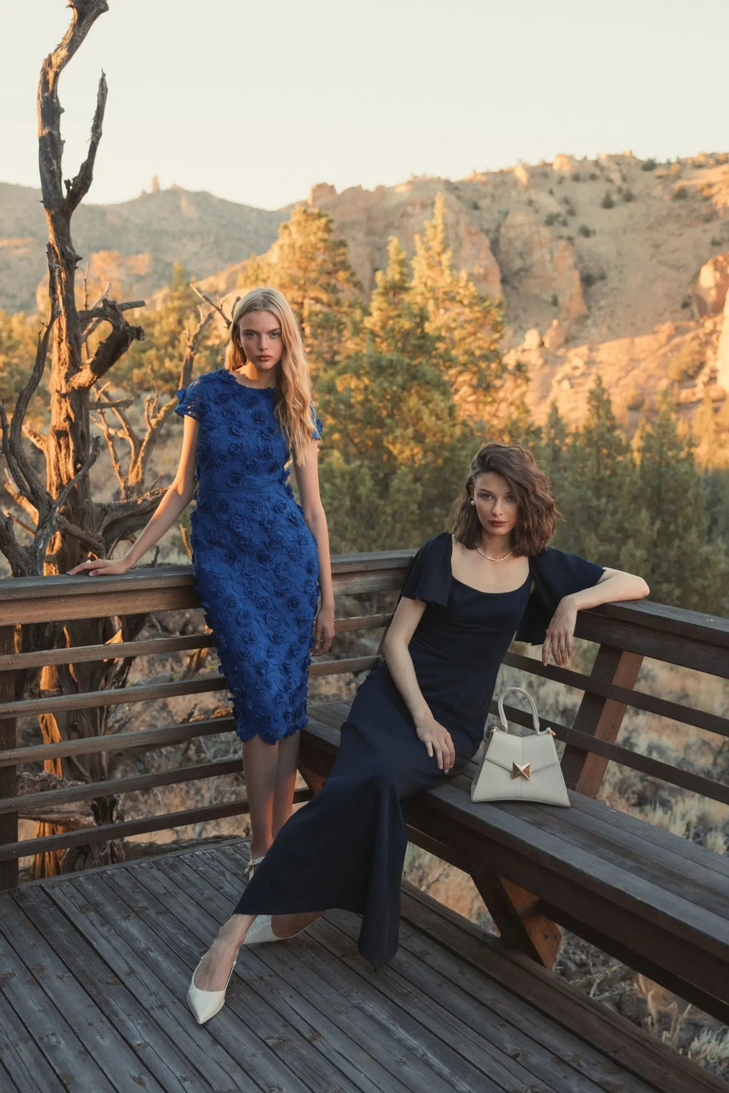 Navy Crepe Fitted Column Dress With Short Ruffle Sleeves - FINAL SALE