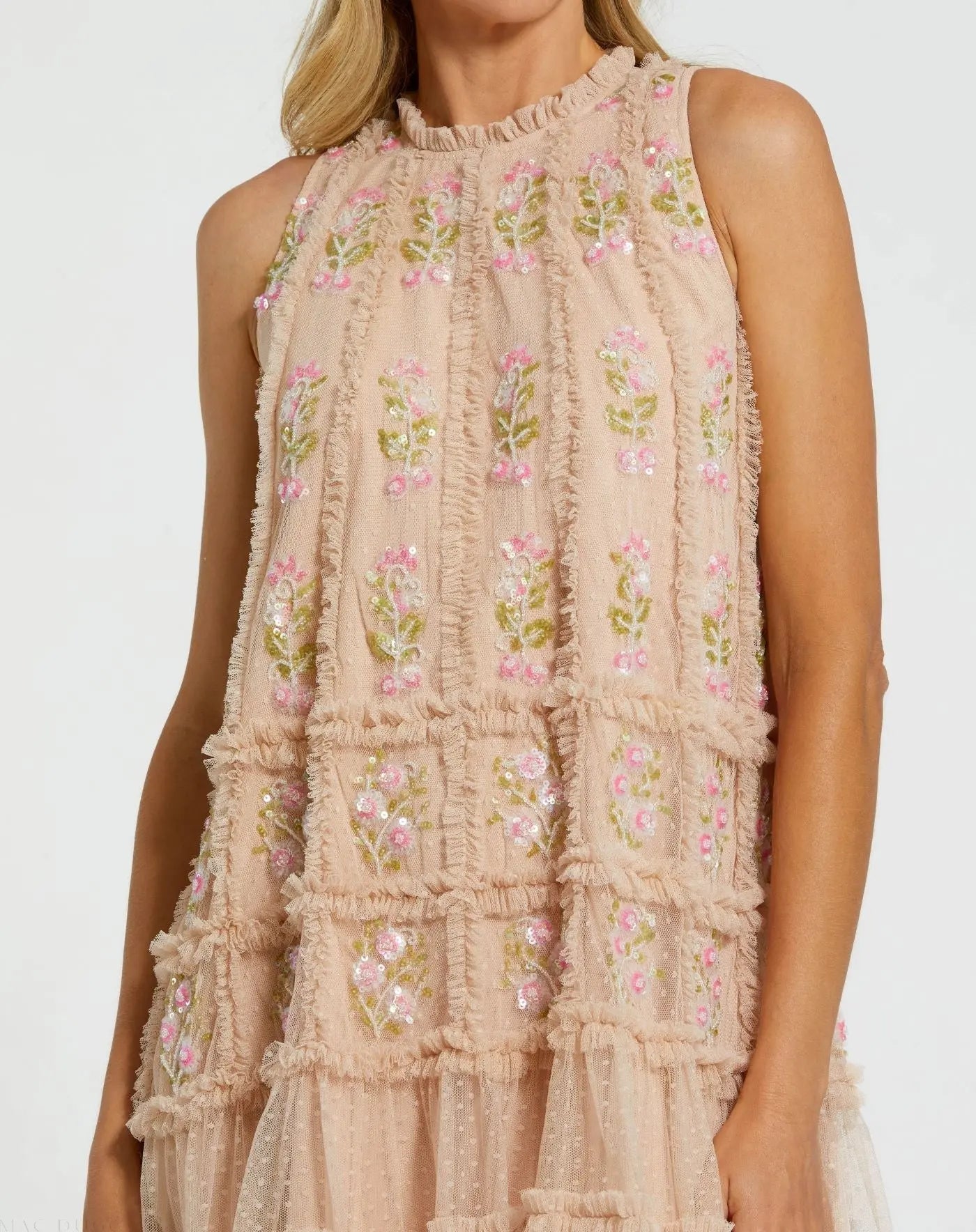 Beige Sleeveless High Neck Beaded Ruffle Mini Dress