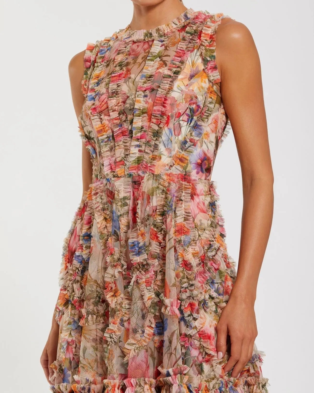 Multicolor Micro Ruffle High Neck A-Line Mini Dress