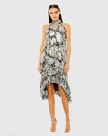 Black Floral High Neck Keyhole Ruffle Mini Dress