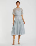 Cape Sleeve Beaded Tea Length A-line Dress
