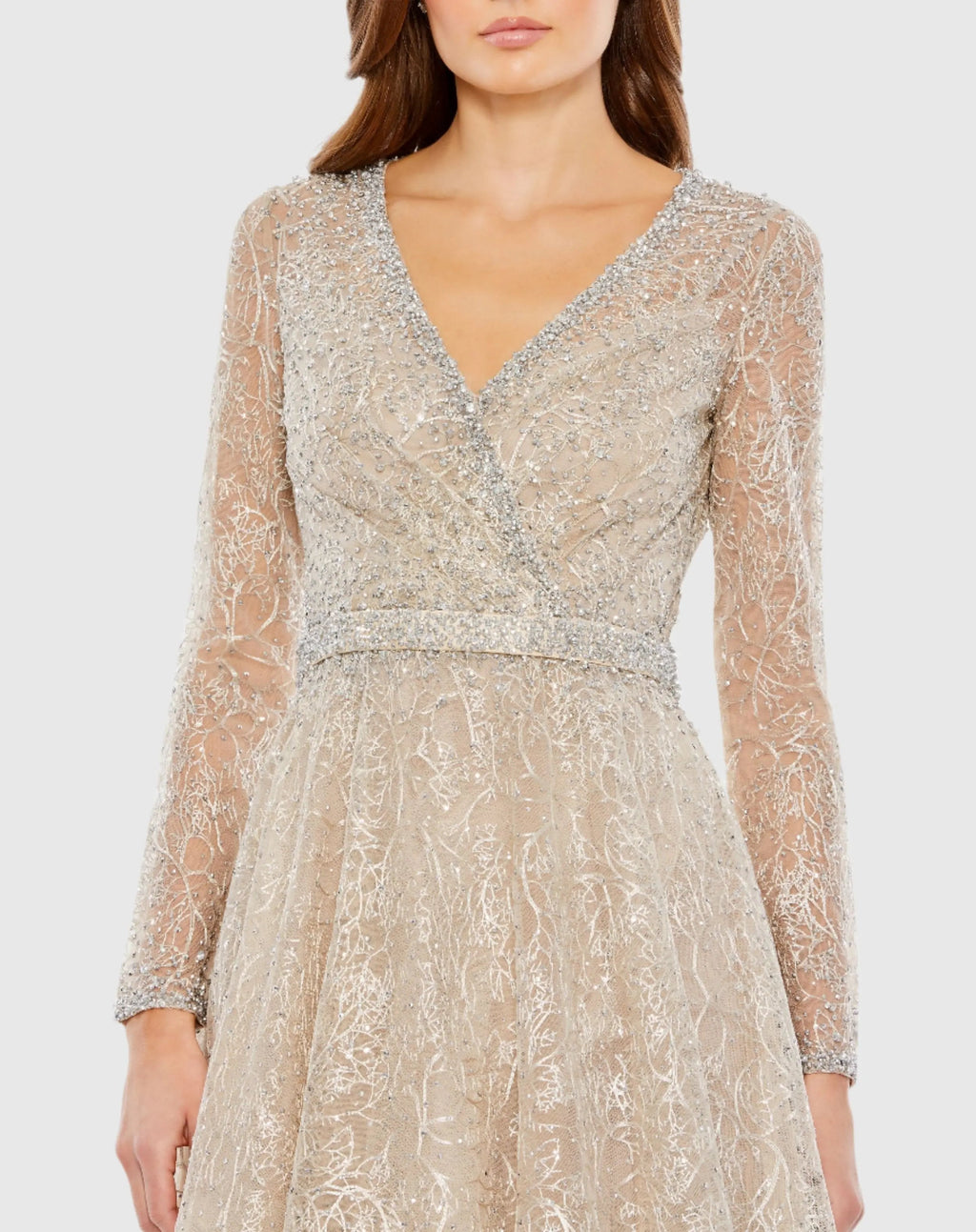 Nude Embellished Wrap Over Long Sleeve Midi Dress