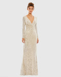 Sequined Faux Wrap Long Sleeve Column Gown