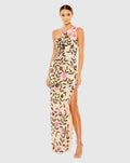 Beige Floral Sequined One Shoulder Column Gown
