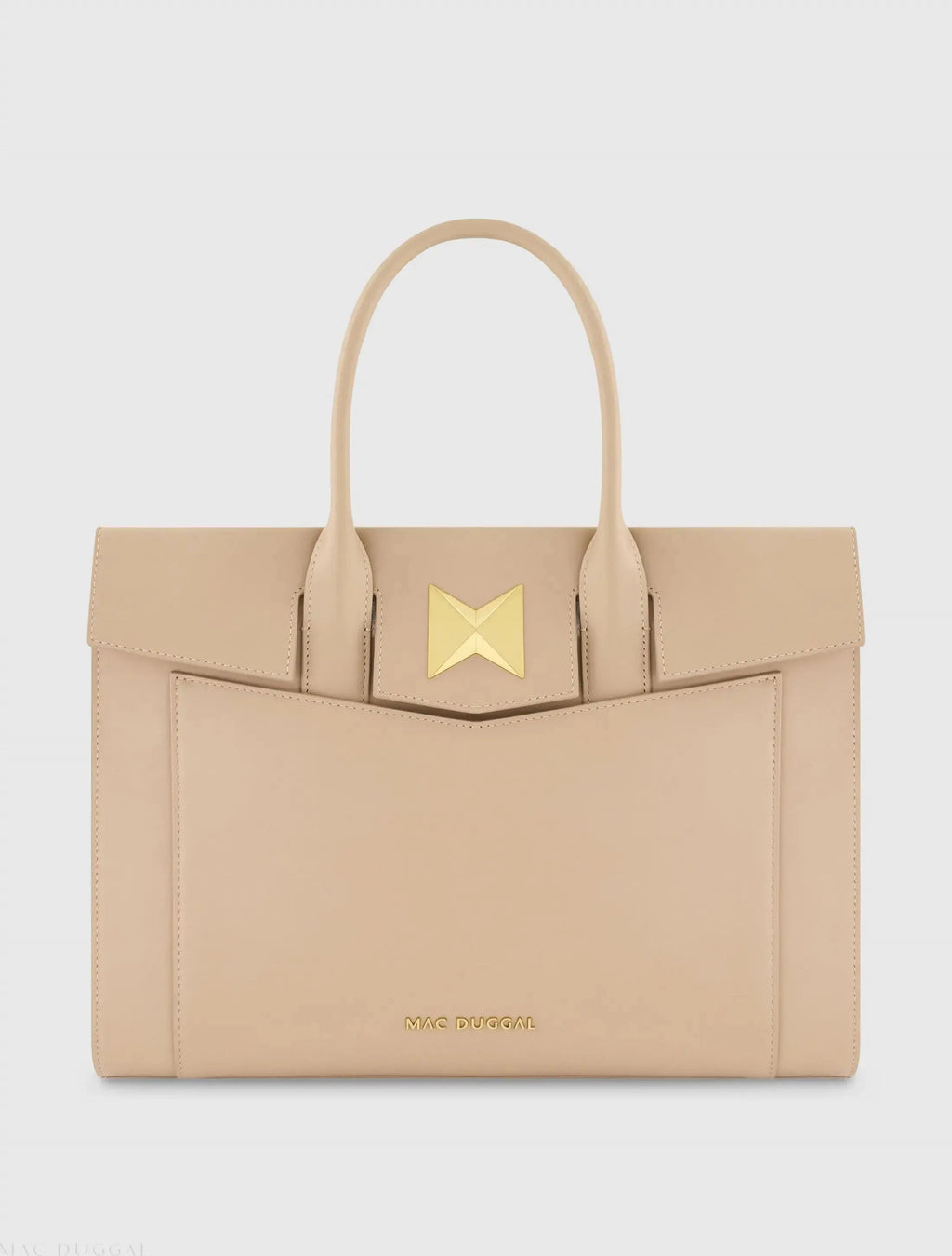 Beige Large Leather Briefcase Bag With Gold Hardware