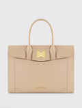 Beige Large Leather Briefcase Bag With Gold Hardware