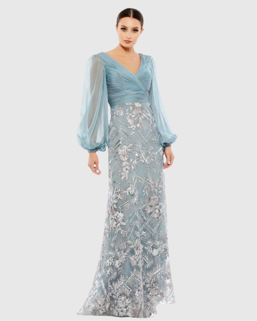 Blue Illusion Puff Sleeve Pleated Bodice Embellished Gown